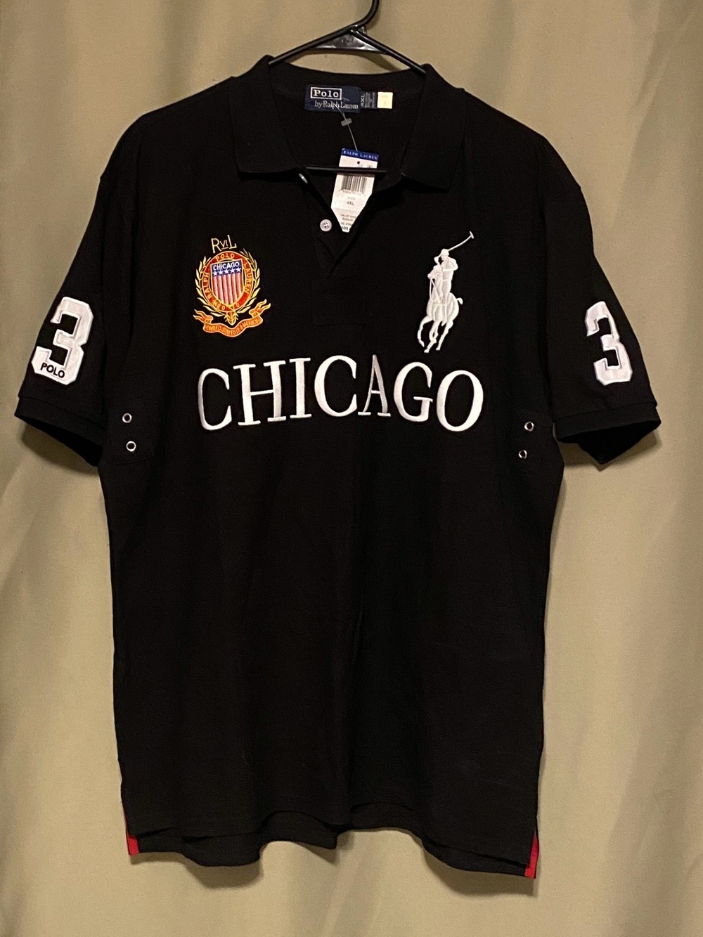 Vintage Polo Ralph Lauren Chicago Big Pony #3  Chief Keef Polo Shirt Black 4XL